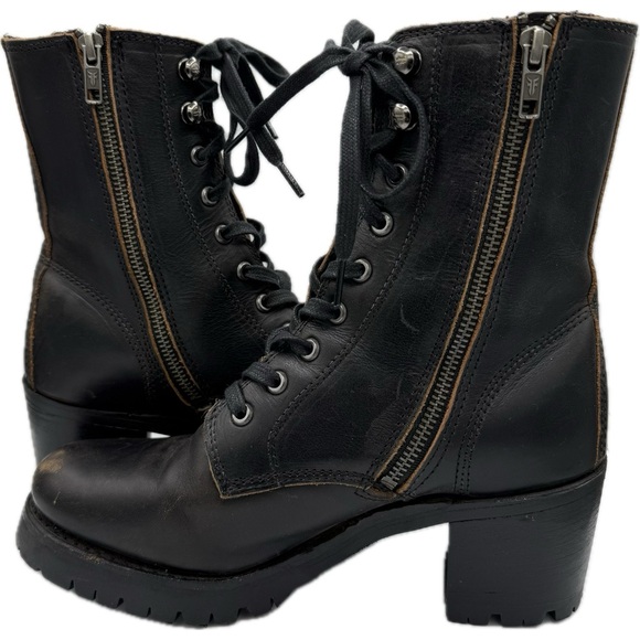 FRYE Black Leather Lace-Up Moto Boots Sabrina Sz 8 - Picture 4 of 12